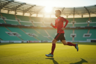 Jeune joueur de football en entraînement sur stade au matin