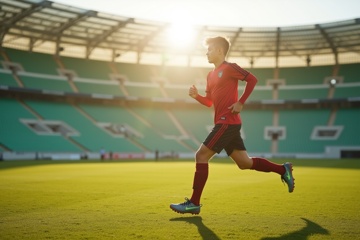 Jeune joueur de football en entraînement sur stade au matin