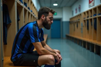 Footballeur masculin pensif dans le vestiaire