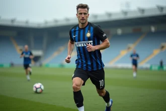Joueur de l'Inter Milan en entraînement sur le terrain, maillot noir et bleu, ballon au pied, préparation pour la saison 2026