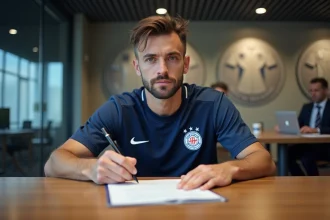 Joueur de football professionnel en National 2 signant son contrat salarial dans les bureaux d'un club, illustrant les négociations liées aux droits TV et aux sponsors