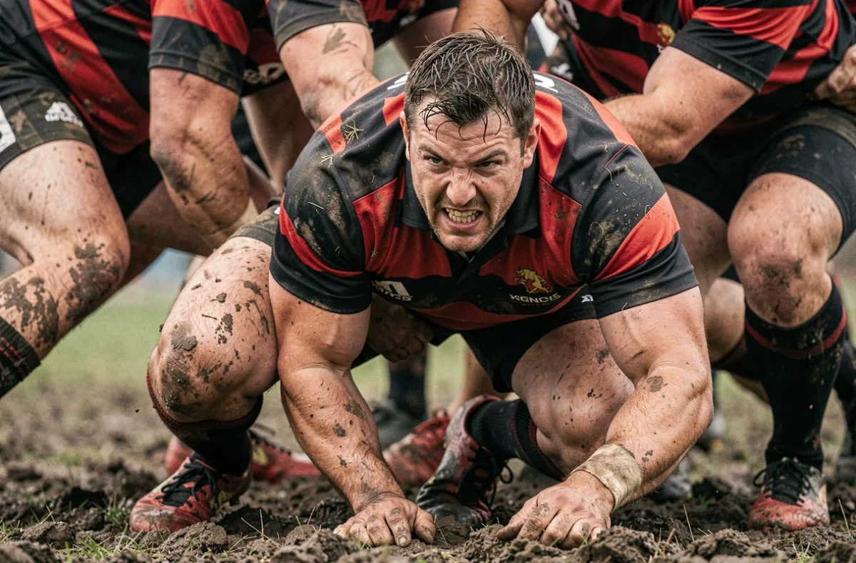Joueur de rugby Fédérale 3 en effort intense dans une mêlée lors d'un match amateur français
