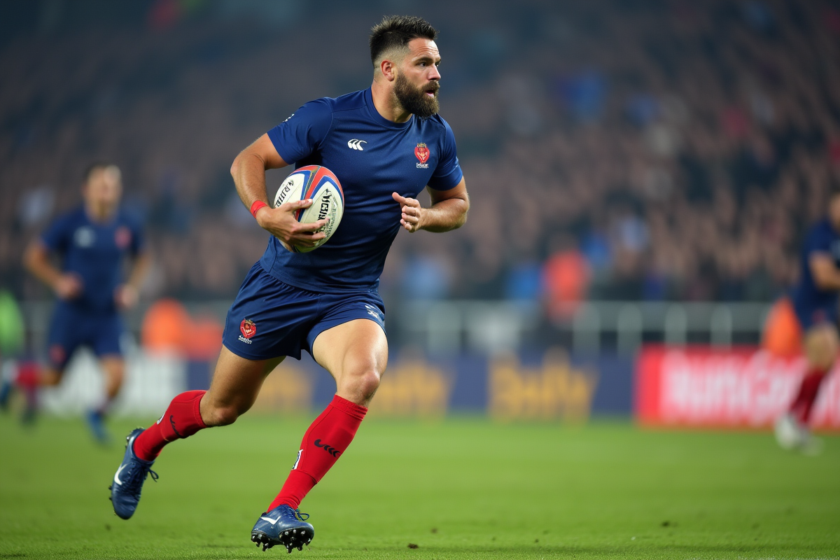 Joueur de rugby sevens français en action sur le terrain moderne