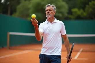 Joueur de tennis en club sur court en terre battue s'apprêtant à servir lors d'un match par sets