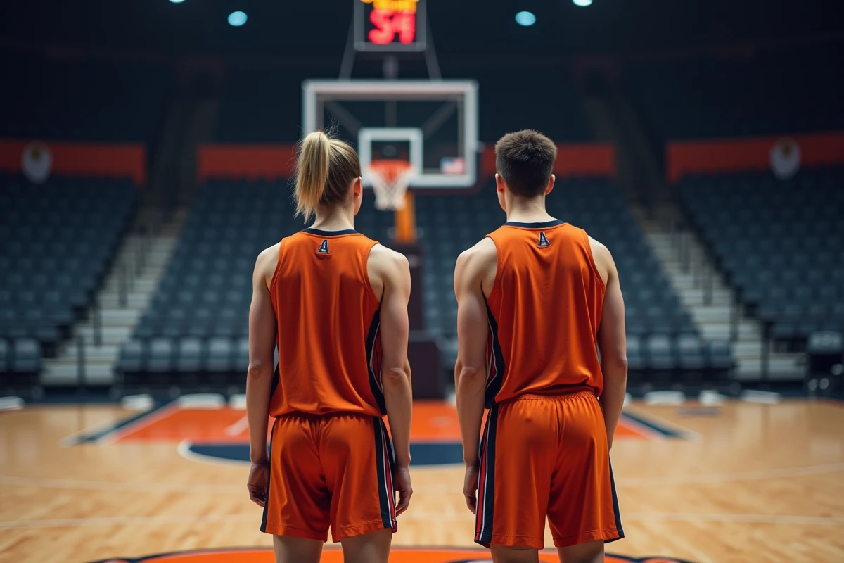 Deux joueurs de basketball regardant le tableau de score