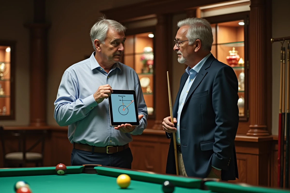 Deux joueurs de billard expérimentés discutant d'angles de rotation avec une tablette numérique