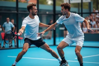 Deux joueurs de padel en plein échange lors d'un tournoi P250 sur un court extérieur en verre avec gazon bleu