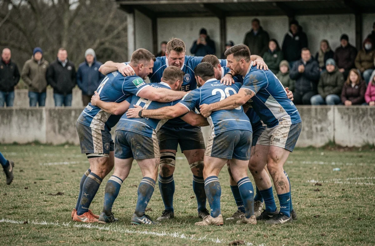 Joueurs de rugby Fédérale 3 en cercle sur le terrain lors d'un match de championnat régional français