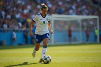 Joueuse de soccer féminin en maillot bleu et blanc dribblant un ballon sur un terrain de gazon lors d'un match officiel, illustrant l'héritage du soccer féminin à la Mia Hamm