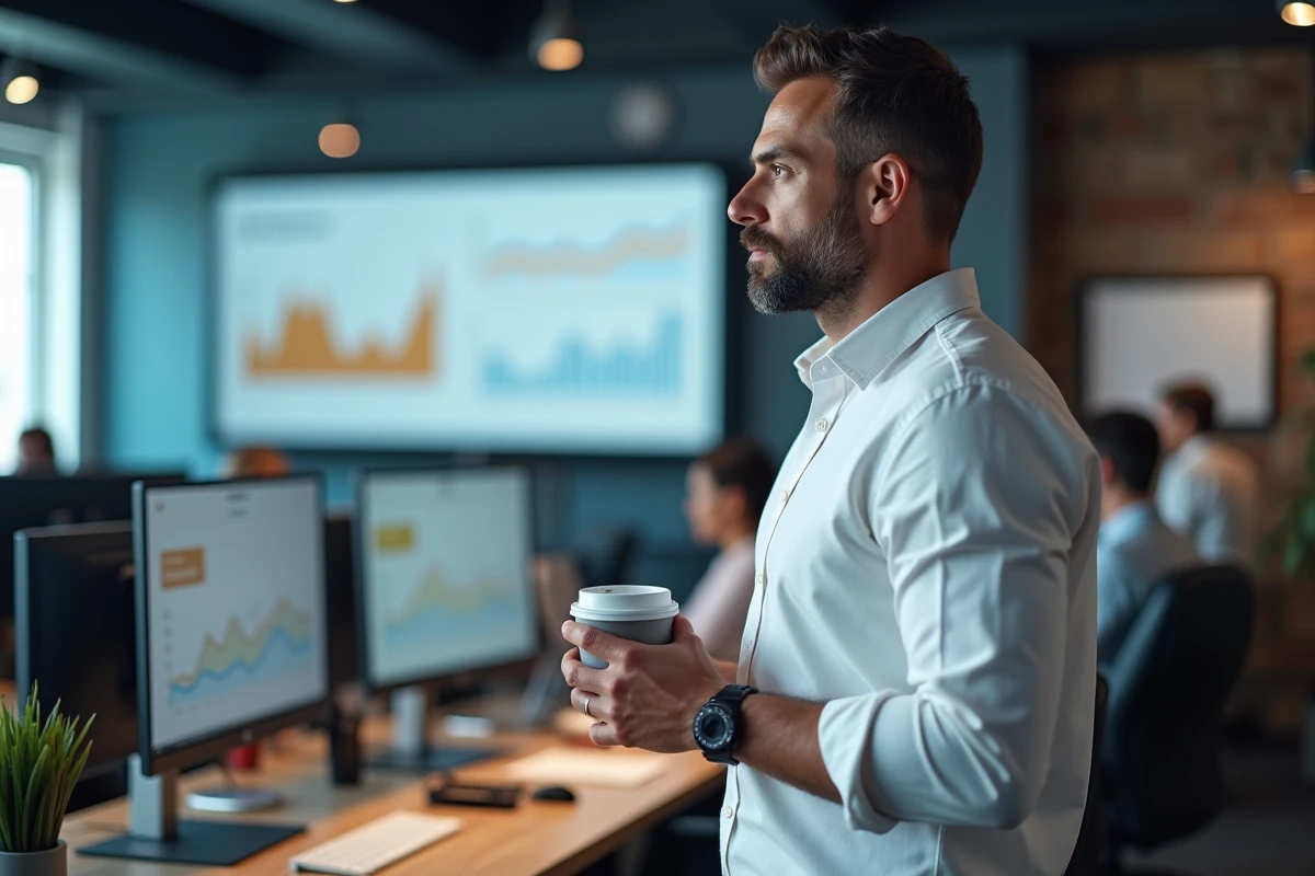 Journaliste numérique analysant les données virales et les tendances de recherche dans une salle de rédaction moderne