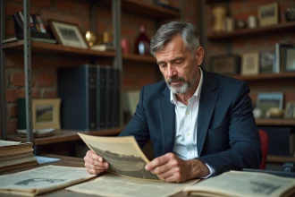 Journaliste sportif amiénois consultant des archives historiques de la presse sportive locale dans une rédaction