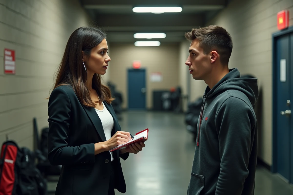 Journaliste interviewant un champion de lutte en coulisses