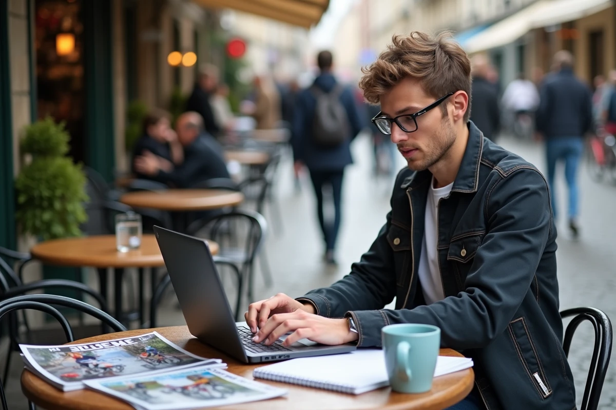 Jeune journaliste sportif à un café parisien avec calendrier