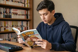 Jeune homme lisant un manga assis à son bureau, illustrant la recherche d'un scantrad Blue Lock fiable