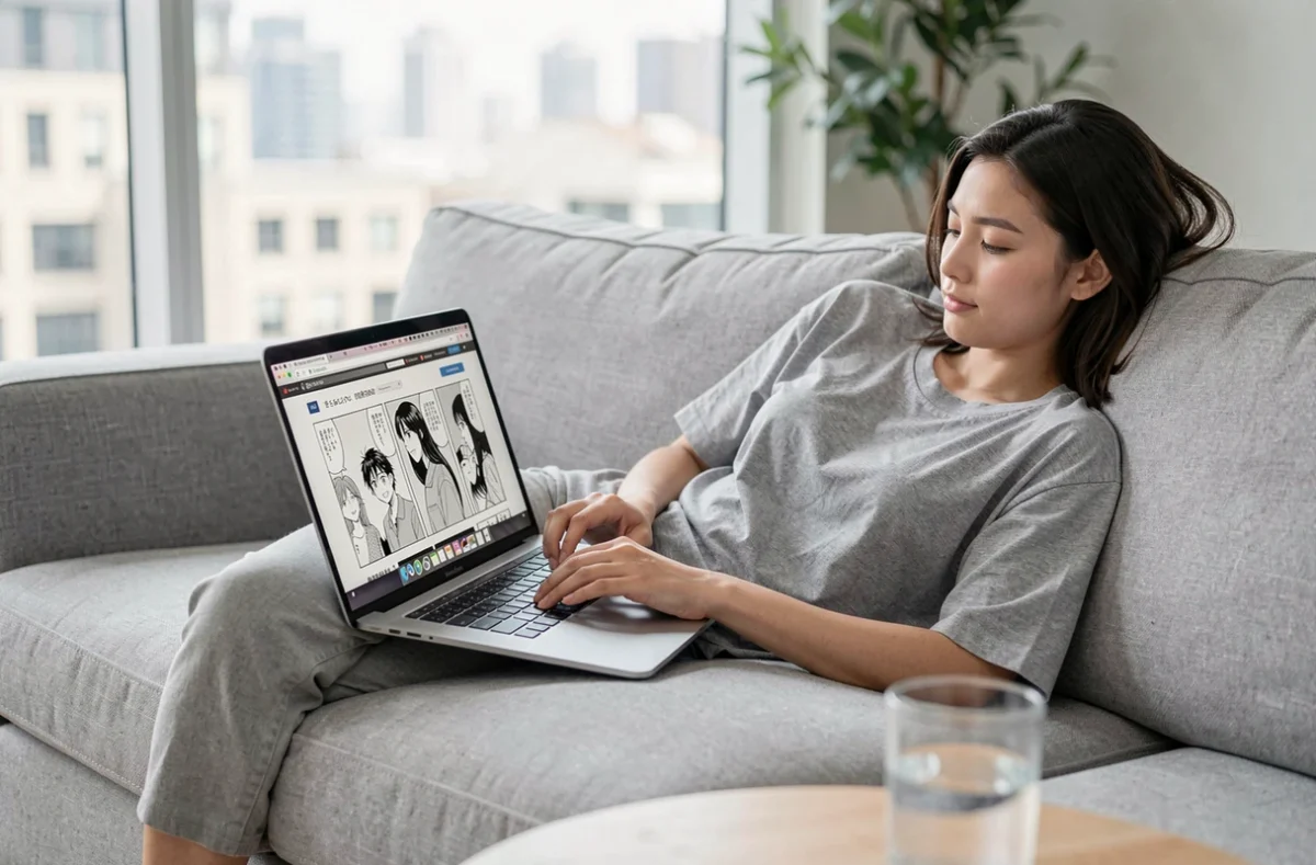 Jeune femme lisant un scantrad sur ordinateur portable dans son salon, cherchant une plateforme sans publicités intrusives