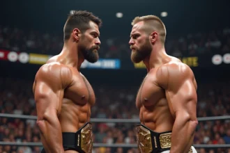 Deux lutteurs face à face avant un match en arène
