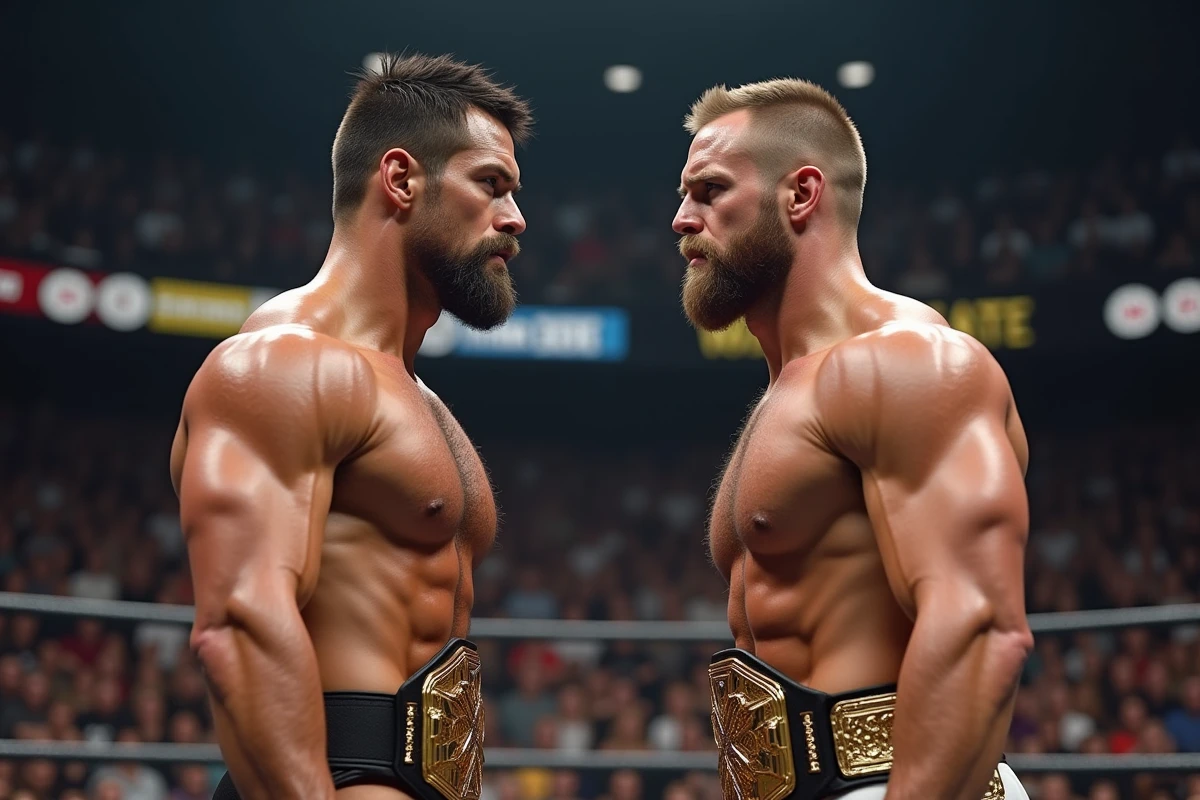 Deux lutteurs face à face avant un match en arène