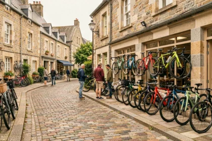 Vue d'ensemble d'un magasin de vélos en Bretagne avec des vélos exposés devant une façade en granit typique