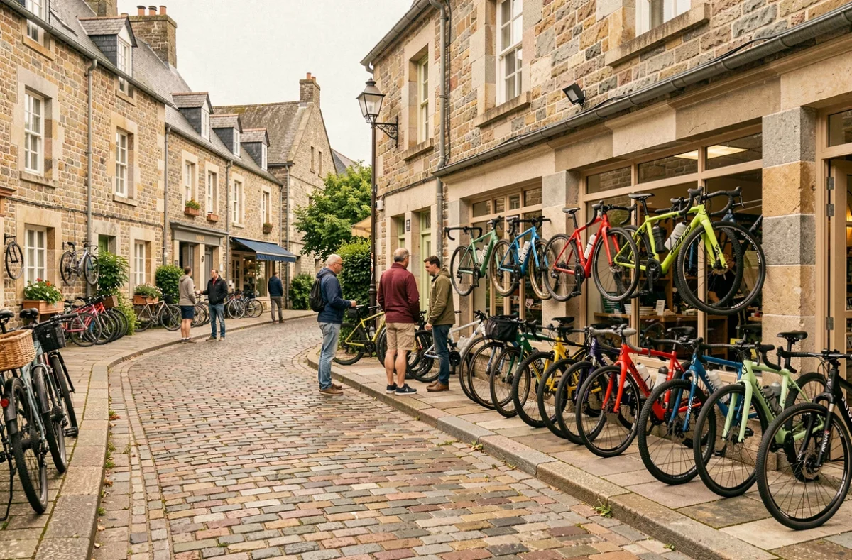 Vue d'ensemble d'un magasin de vélos en Bretagne avec des vélos exposés devant une façade en granit typique