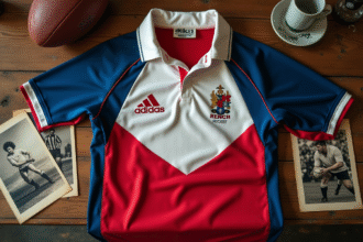 Maillot rugby sevens des années 1990 posé sur une table en bois