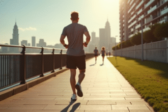 Personne marchant vite sur trottoir urbain ensoleille avec skyline