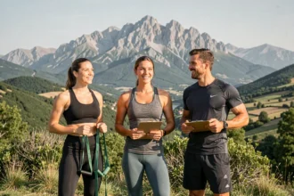 Trois coachs sportifs souriants en tenue athlétique devant un paysage des Pyrénées-Atlantiques
