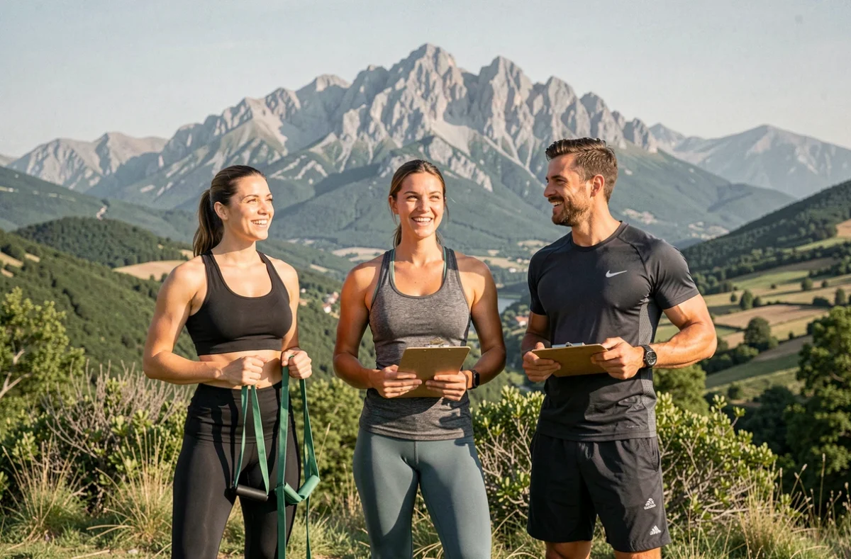 Trois coachs sportifs souriants en tenue athlétique devant un paysage des Pyrénées-Atlantiques