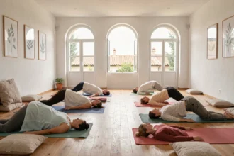 Vue grand angle d'un studio de yoga en Occitanie avec des pratiquants sur des tapis colorés, parquet en bois et fenêtres donnant sur des toits méditerranéens