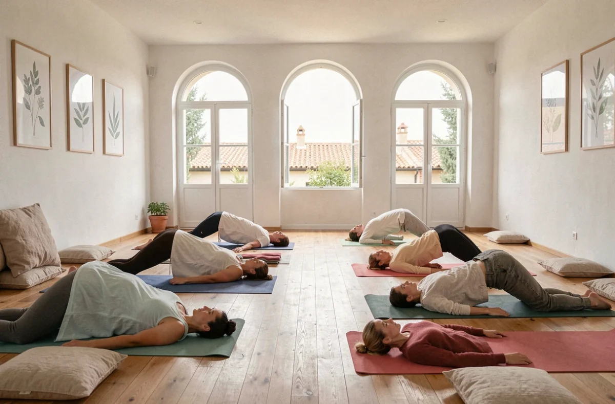 Vue grand angle d'un studio de yoga en Occitanie avec des pratiquants sur des tapis colorés, parquet en bois et fenêtres donnant sur des toits méditerranéens