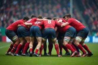 Mêlée de rugby Fédérale 1 avec joueurs en jersey rouge et bleu marine lors d'un match officiel