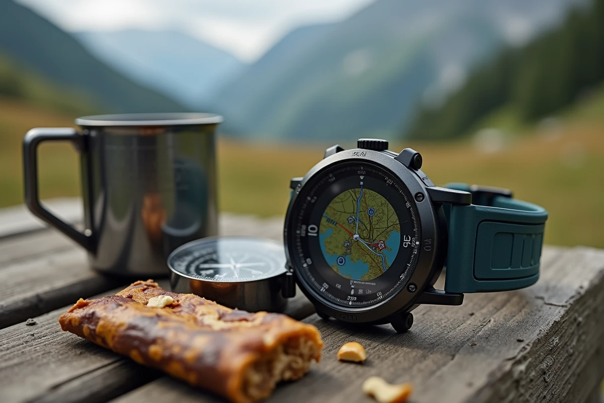 Montre GPS de randonnée affichant une carte de sentier posée sur une table en bois en refuge de montagne