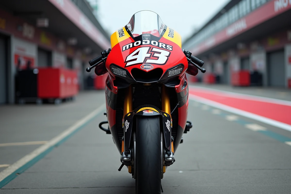 Moto MotoGP vue de près au niveau du sol révélant les winglets aérodynamiques, le pneu slick avant et les détails mécaniques en pit lane