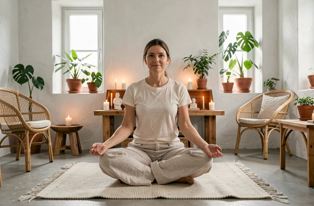 Femme en posture de virasana sur une couverture en laine dans un centre de yoga épuré aux murs blanchis, plantes vertes et autel en bois avec bougies