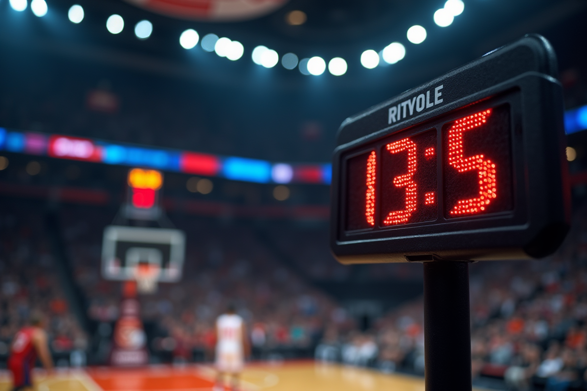 Tableau de score de basketball avec le chrono en focus