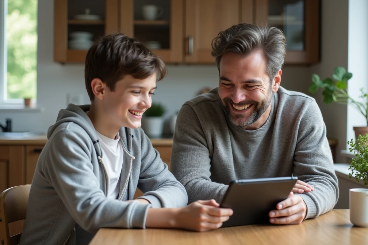 Père et fils inscrivent judo sur tablette dans la cuisine