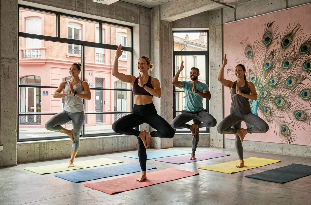 Groupe d'adultes en posture de l'arbre dans un studio de yoga contemporain à Toulouse avec murs en béton, grandes fenêtres industrielles et motif de plumes de paon