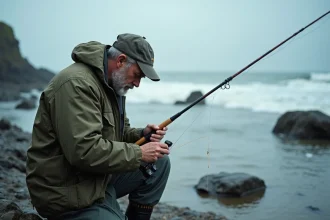 Pêcheur en surfcasting ajustant son montage bar sur des rochers en bord de mer