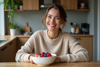 Femme souriante dégustant un bol d'avoine aux fruits rouges