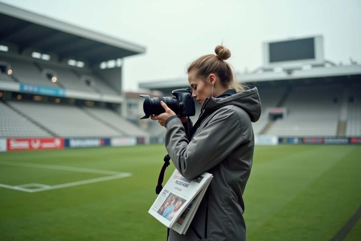 Photographe de presse sportive amiénoise sur le bord d'un terrain de football régional avec un exemplaire de la gazette sport
