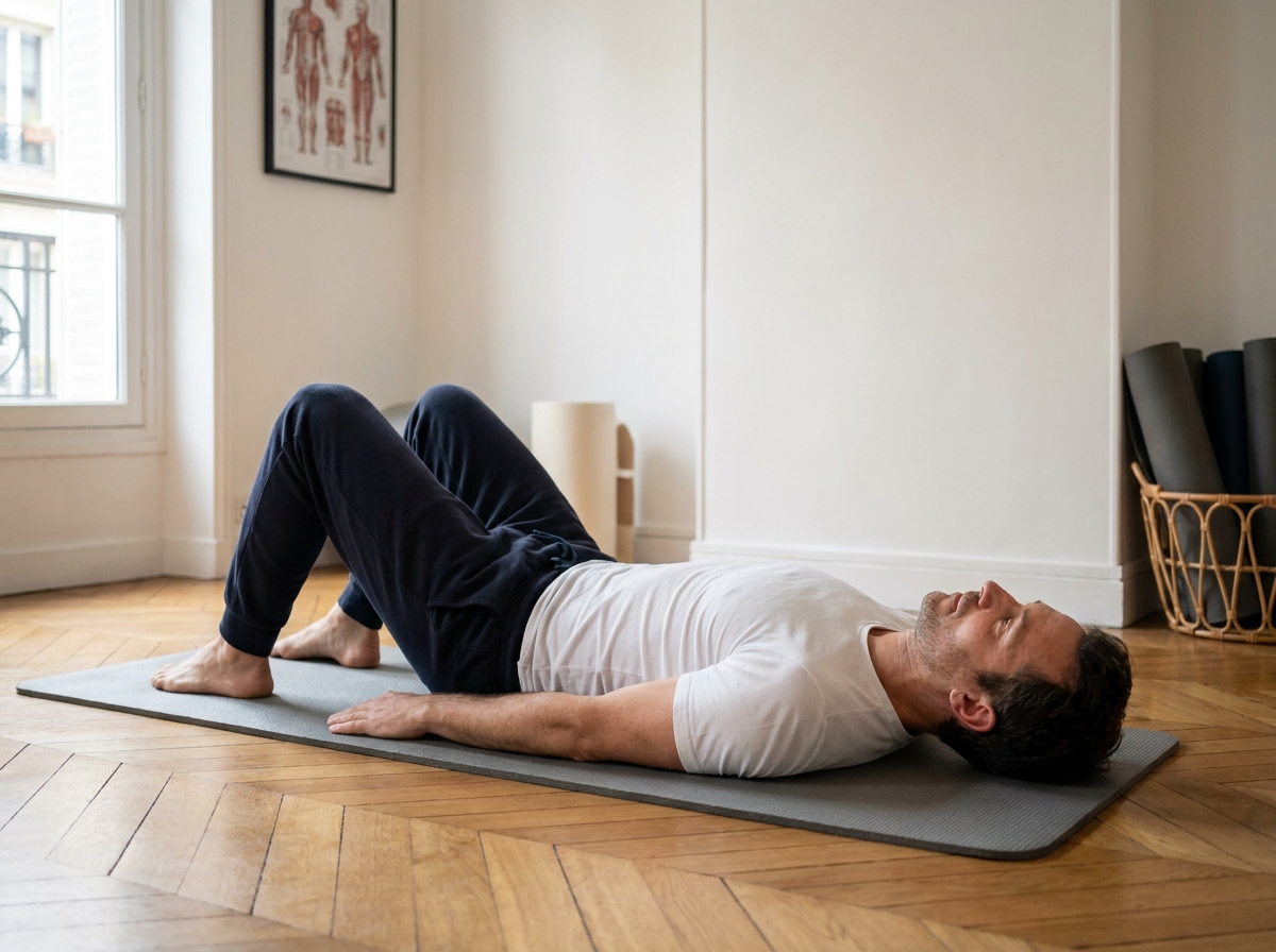Homme en séance de Pilates au sol dans un studio moderne à Paris 8 pour corriger les douleurs dorsales liées au travail de bureau