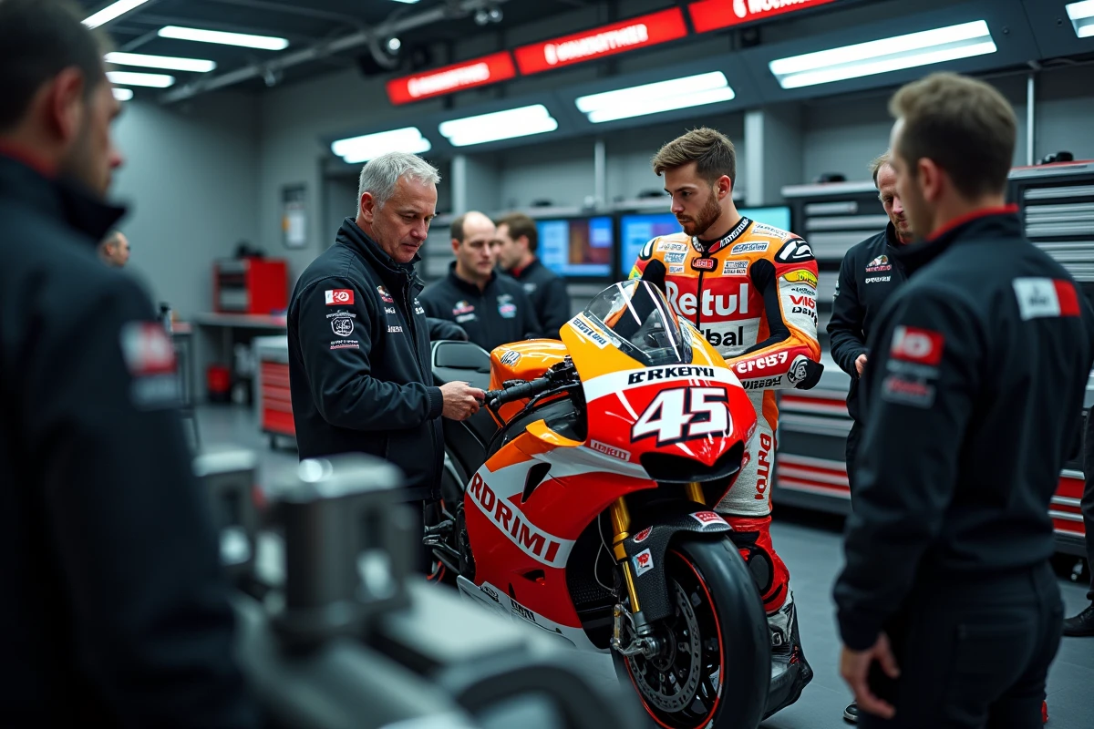 Pilote MotoGP et ingénieurs analysant les données de télémétrie dans le garage de l'équipe lors d'une séance de travail technique