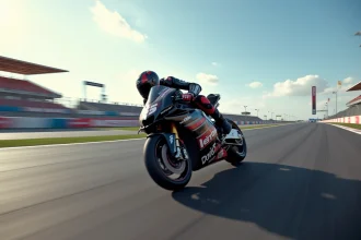 Pilote MotoGP en position aérodynamique sur sa moto de course lancée à pleine vitesse sur circuit, fond flou par effet de filé