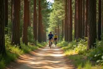 Piste cyclable ombragée traversant la forêt de pins maritimes près de Montalivet en Gironde