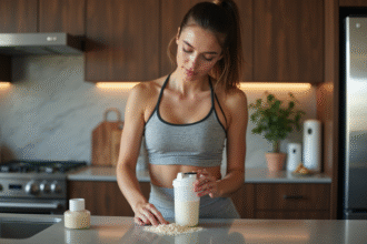 Jeune femme préparant un shake protéine dans une cuisine moderne