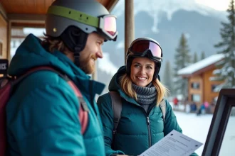 Couple consultant les prix des forfaits de ski à Alpe d'Huez hors vacances scolaires au guichet de la station