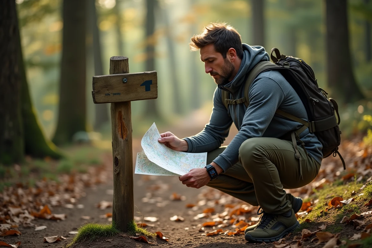Randonneur comparant carte topographique et montre GPS à un carrefour de sentiers en forêt