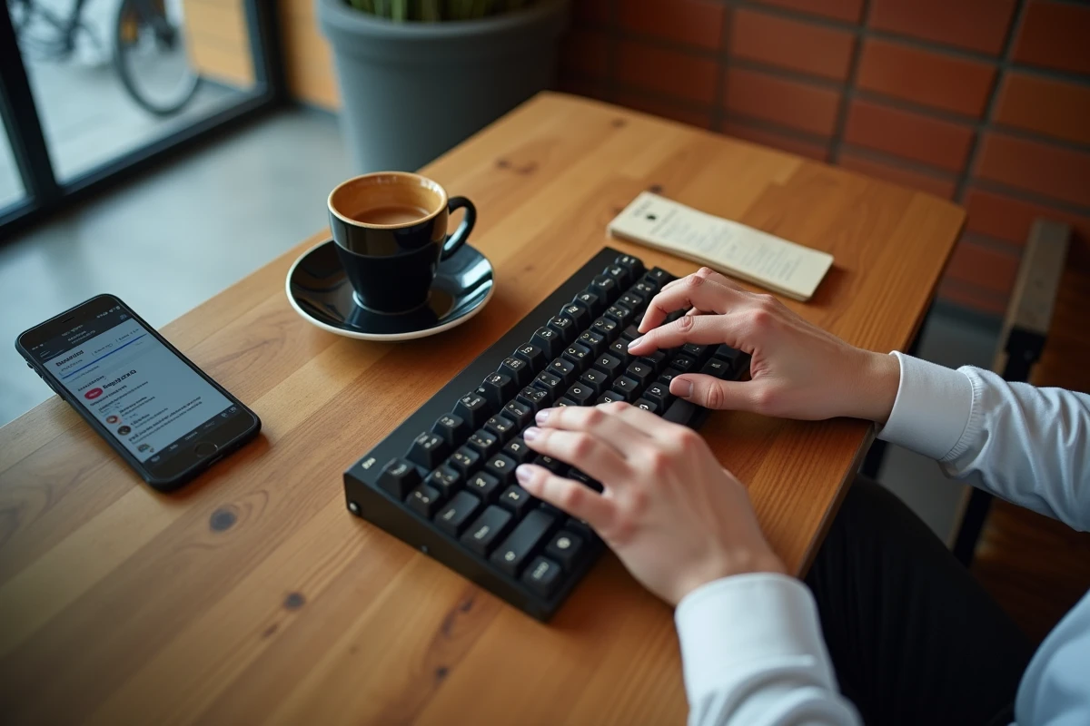 Mains tapant sur un clavier avec un smartphone affichant une recherche virale sur un bureau de café