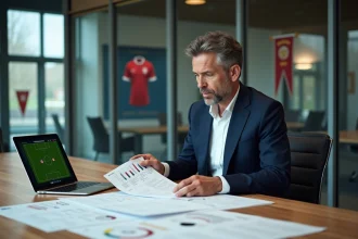 Recruteur du FC Barcelone analysant des dossiers de transfert et des statistiques de joueurs dans une salle de conférence de club professionnel
