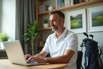 Rédacteur de blog golf travaillant sur son ordinateur portable dans un bureau moderne décoré d'équipements de golf