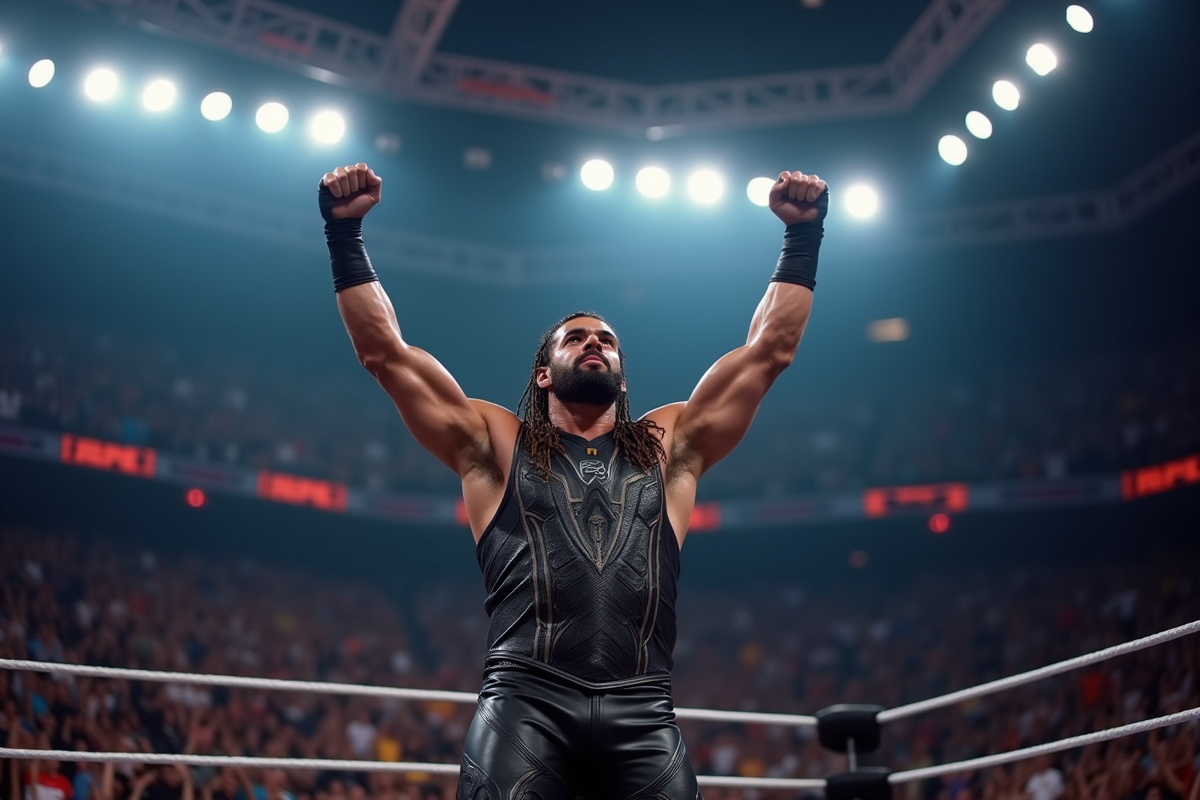 Lutteur victorieux dans un ring lors d un match intense